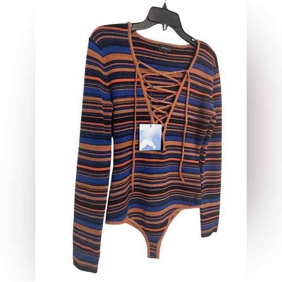 NWT Majorelle Lace Up Sweater Bodysuit Revolve Striped Long Sleeve Size Large - Picture 2 of 13
